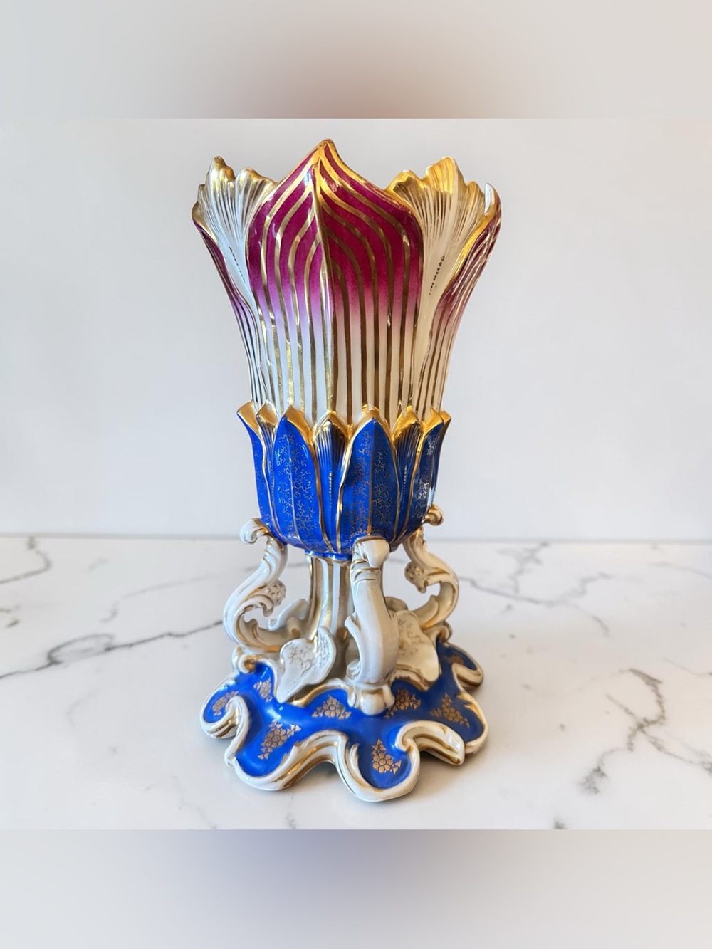 Antique 19th Century French Porcelain Flare Vase Magenta Gold Blue Rococo 11.5”
